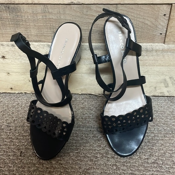 Franco Sarto size 10M Black Leather Cutout Detail Strappy Wedge Dress Sandals - Picture 3 of 7